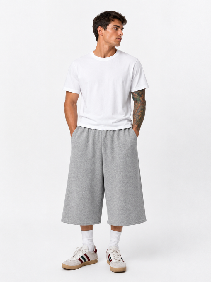 Relaxed Cropped Wide-Leg Trousers — Gray