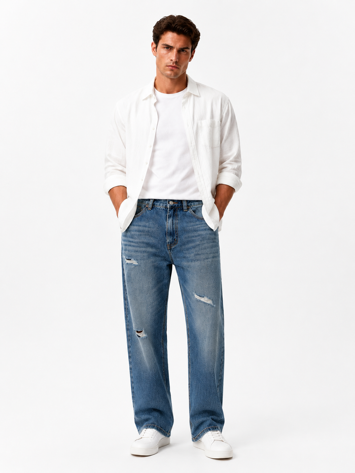 Relaxed Wide-Leg Distressed Jeans