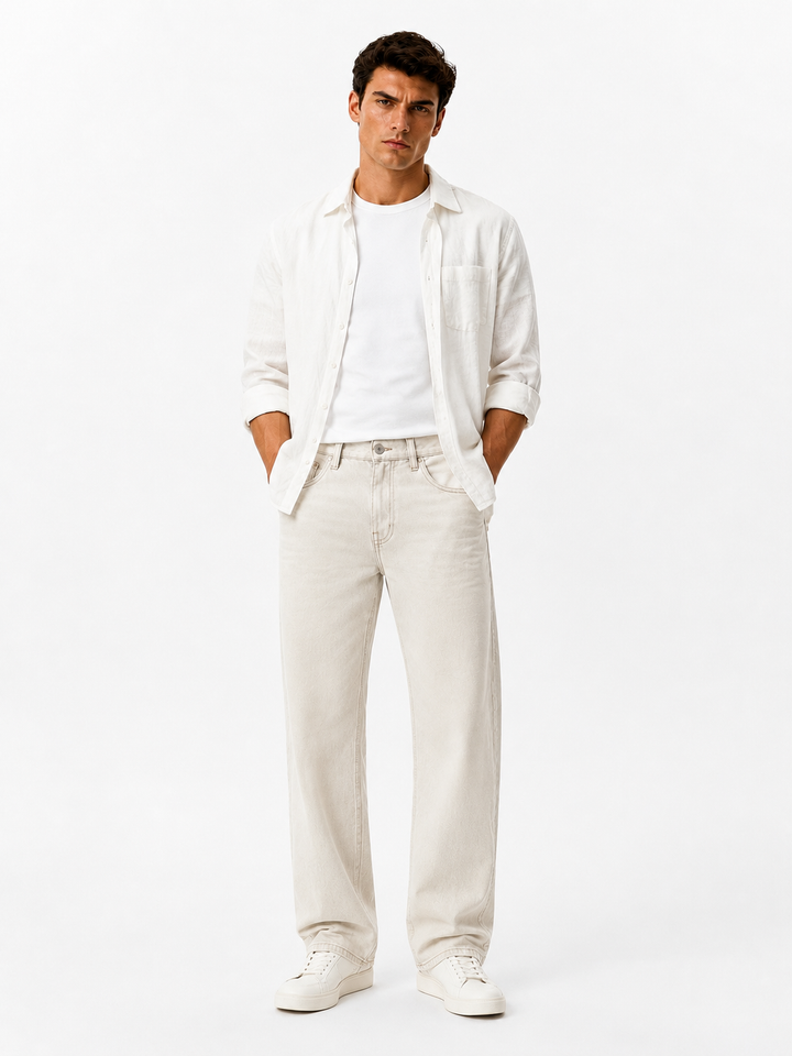 Relaxed Wide-Leg Jeans — Sand